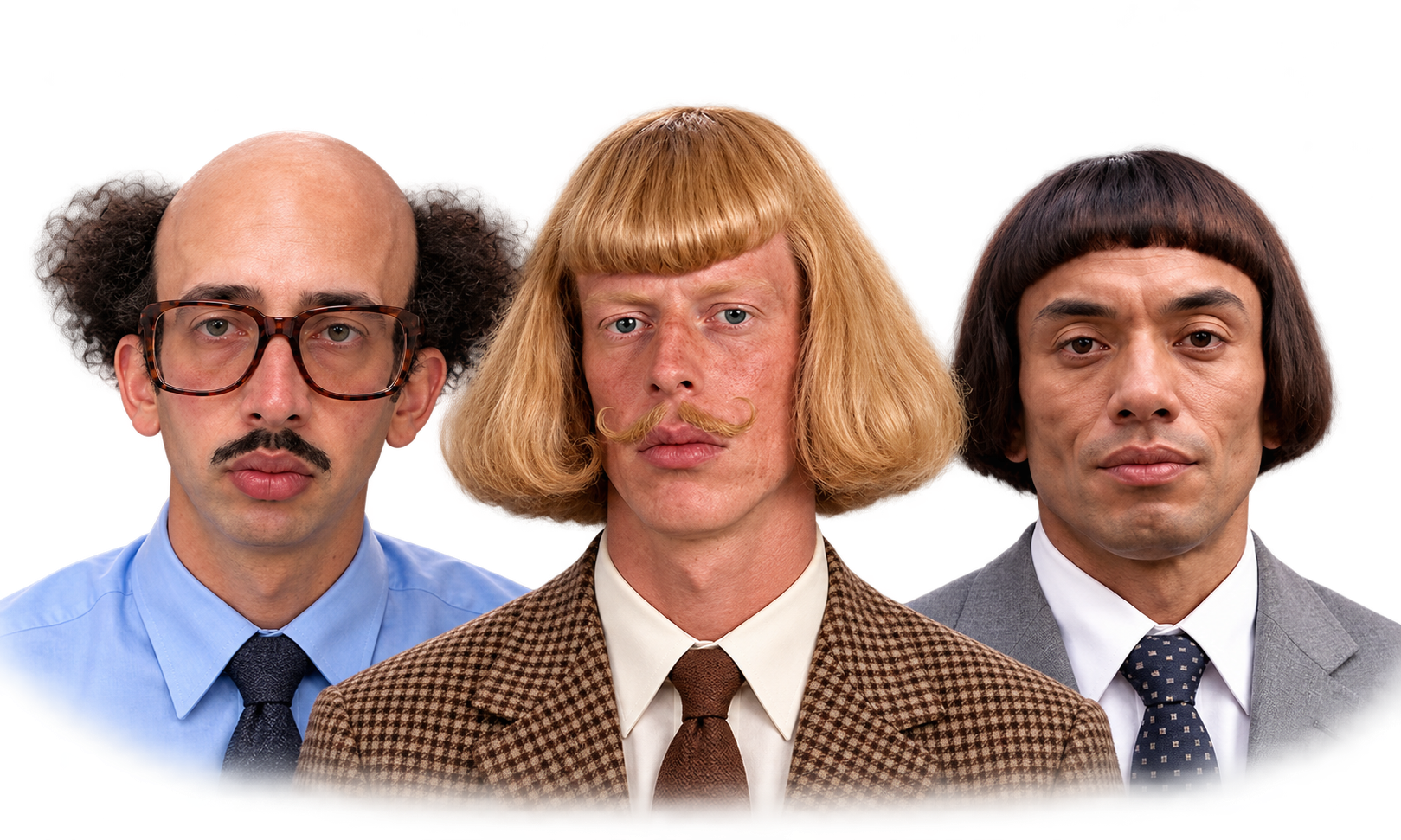 Three distinctive AI personas with a soft white rim light, blending into the background